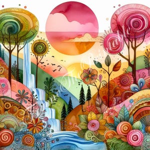 10 caprichosas colinas, cascadas, bosques, imágenes prediseñadas, decoración de pared, acuarela, paquete de imágenes prediseñadas, árboles, flores, diario basura, álbum de recortes, manualidades digitales