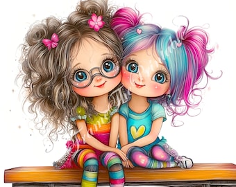 Imágenes prediseñadas de hermanas divertidas, 12 imágenes PNG de mejores amigas para scrapbooking, creación de tarjetas, manualidades, arte digital, lindas ilustraciones de dúo de hermanas