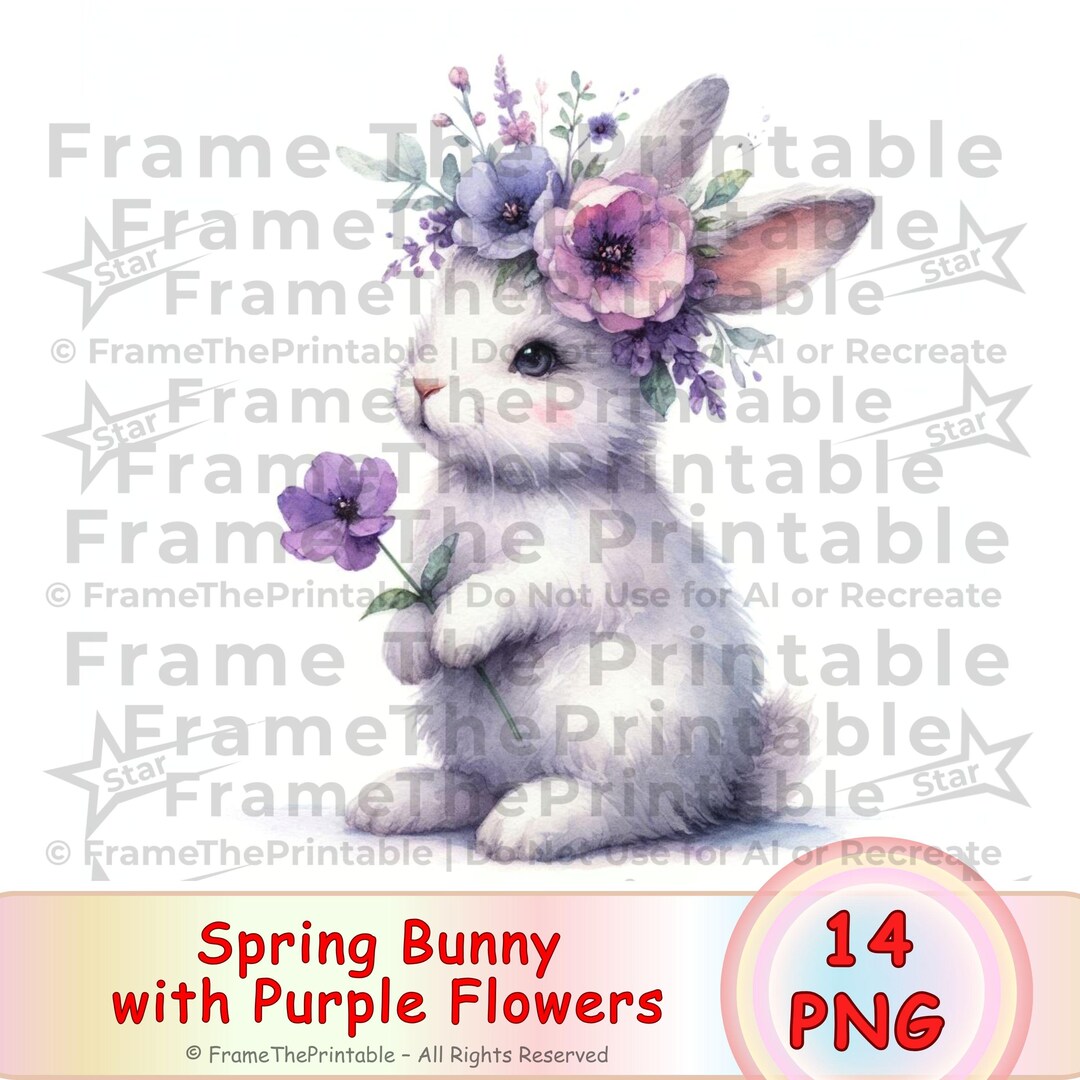 春のうさぎと紫の花の水彩画クリップアート かわいいうさぎの花のPNG