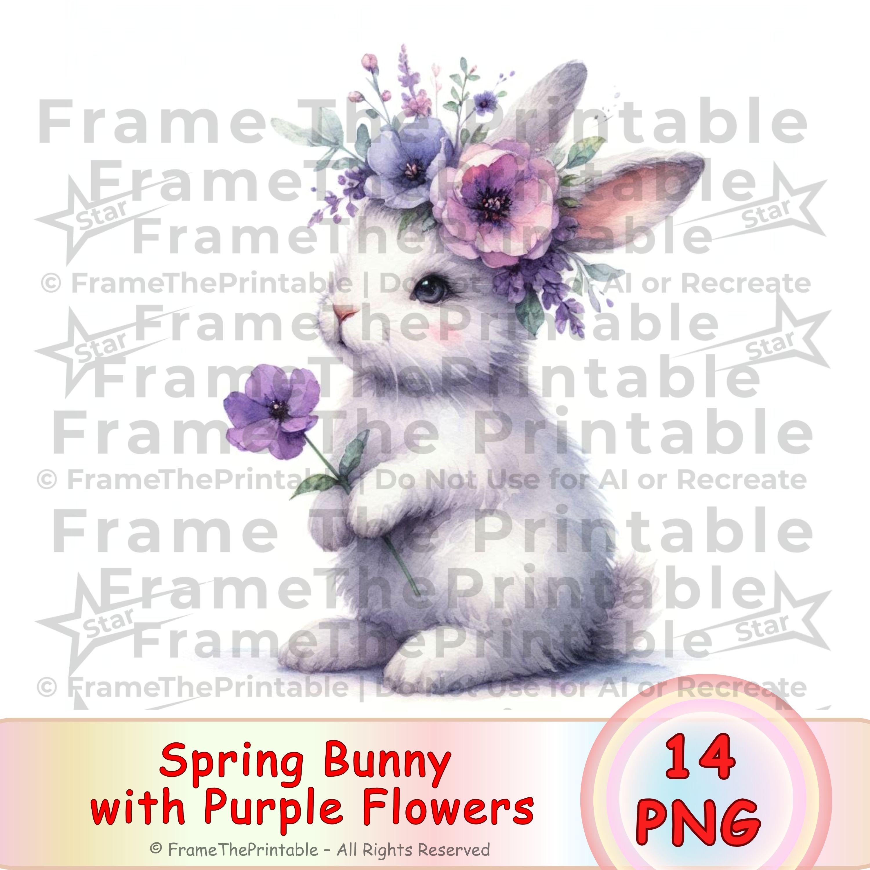 春のうさぎと紫の花の水彩画クリップアート かわいいうさぎの花のPNG