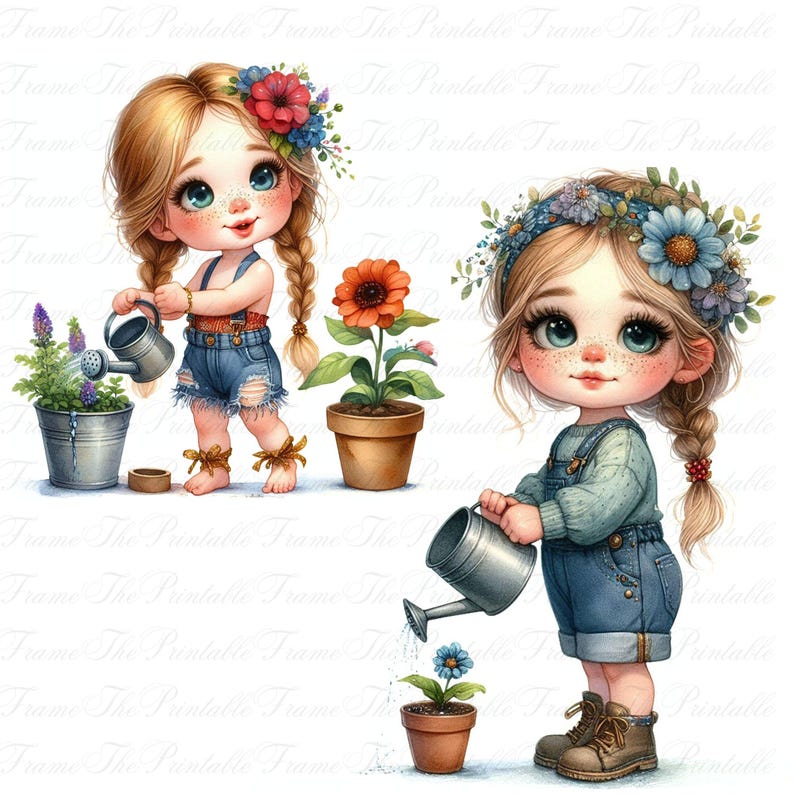May include: Watercolor illustration of two young girls watering plants. One girl wears denim overalls and a floral headband, the other wears denim shorts and a flower crown. A sunflower and potted flowers are also shown.
