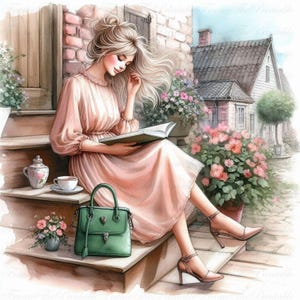 Fille assise par clipart maison vintage, aquarelle femme avec livre, fille buvant du thé art, illustration de scrapbooking, maison florale lunatique