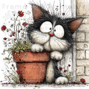 May include: A cartoon-style image of a black and white cat with big eyes, peering around a terracotta plant pot. The cat is next to a brick wall, with red flowers and green plants in the pot and around the base.