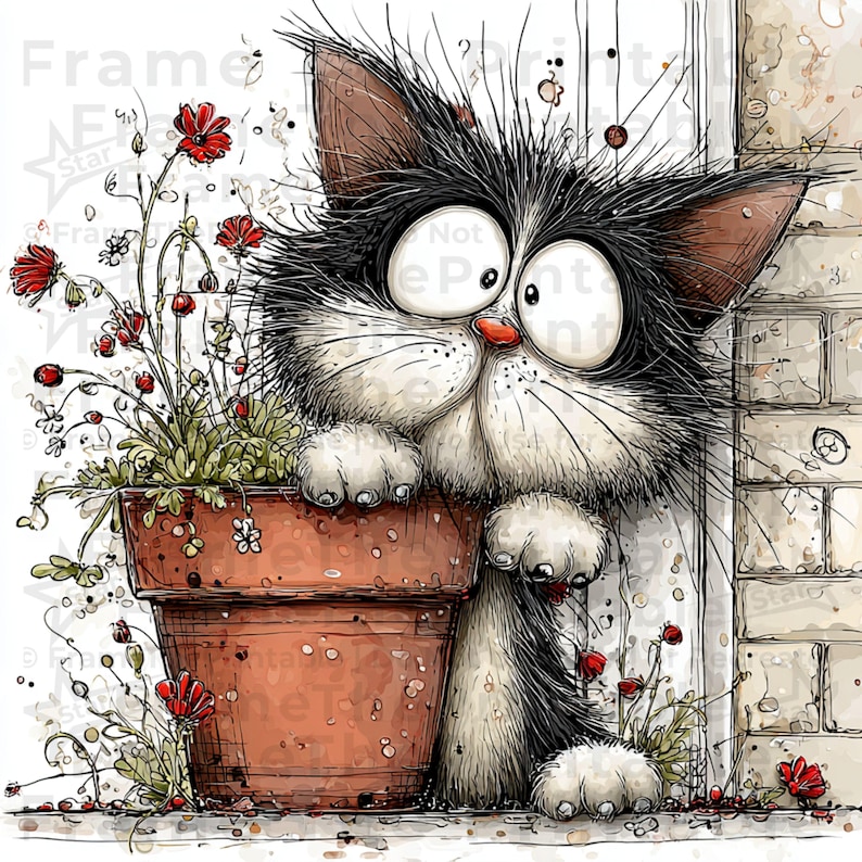 May include: A cartoon-style image of a black and white cat with big eyes, peering around a terracotta plant pot. The cat is next to a brick wall, with red flowers and green plants in the pot and around the base.