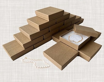 MADE IN USA - 100 Boxes - Natural Kraft Jewelry Boxes with Cotton Filling - 3.5"x3.5"x7/8"