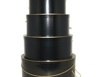 4 Boxes/Set - Round Hat Boxes - Black with Gold Trim