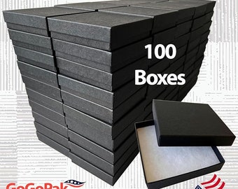 100 Boxes - Matte Black Cardboard Jewelry Boxes - 3.5"x3.5"x7/8" Bulk Cotton Filled Box