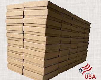 MADE IN USA - 100 Boxes - Natural Kraft Jewelry Boxes with Cotton Filling - 3.5"x3.5"x7/8"