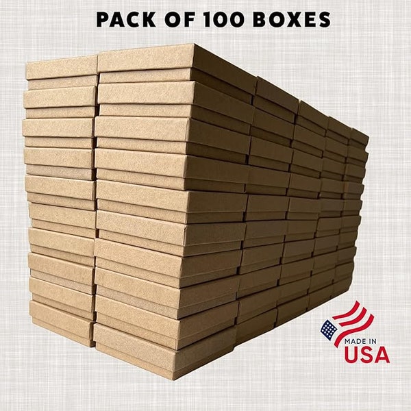 100 Boxes - Natural Kraft Cardboard Jewelry Boxes - 3.5"x3.5"x7/8" Bulk Cotton Filled Box