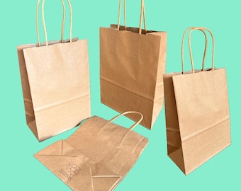 100 zakken 5,9 x 3,2 x 8,3 inch geschenkverpakkingen van gerecycled kraftpapier, bruine papieren geschenkverpakkingen bulkverpakking met handvatten 100% recyclebare papieren zakken - VOORRAAD IN DE VS
