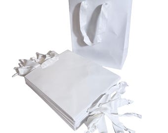 10 Bags - Gloss White Paper Bags with Grosgrain Ribbon Handles 8" x 4" x 10"