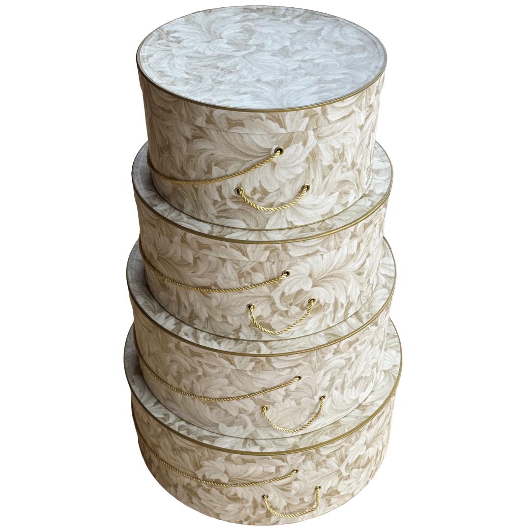 Made in USA - 4 Boxes in a Nested Set - Round Hat Boxes - Gold Scroll with Gold trim