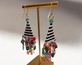 Handstitched Seed Bead Fringe Earrings, Whimsical Colorful Statement Jewelry