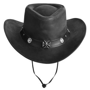 May include: Black leather cowboy hat with a wide brim and a decorative band. The band features silver-colored embellishments, including a central cross design and circular studs. A black chin strap is attached. This hat is suitable for various occasions.