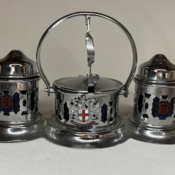 England Salt and Pepper Shakers, Silver and Blue Cruet