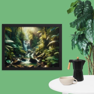 Op de afbeelding: Een ingelijste print van een weelderige groene jungle scène met een waterval die naar beneden stort over een rotsachtige beek. De afbeelding is ingelijst in zwart en heeft een natuurlijke, aardse uitstraling.