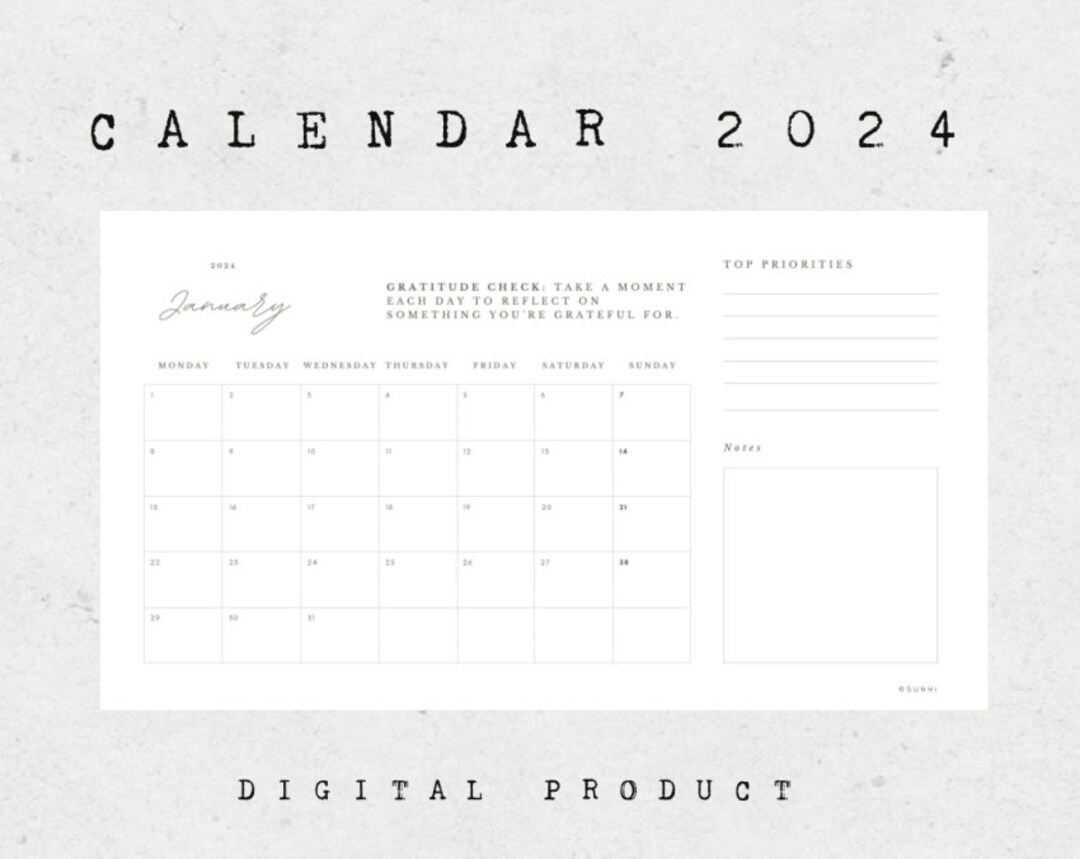 2024 Calendar Monthly Planner Landscape Format Elegant Monthly Calendar