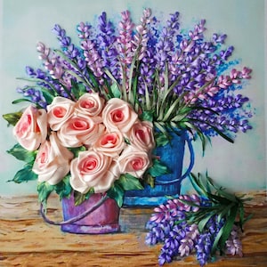 Ribbon embroidery kit, roses and lavender,Hand Embroidery Design for Beginners,Easy Ribbon Embroidery, Video tutorial free shipping from USA