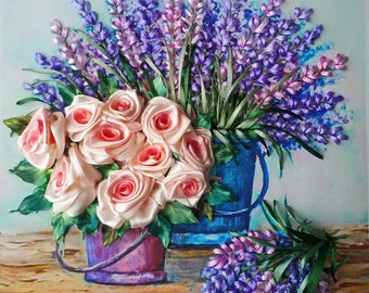 Ribbon embroidery kit, roses and lavender,Hand Embroidery Design for Beginners,Easy Ribbon Embroidery, Video tutorial free shipping from USA