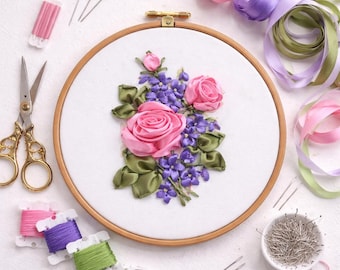 Stickset für Anfänger, Easy Ribbon Embroidery Schema zum Sticken, Rosenstickerei mit Bändern