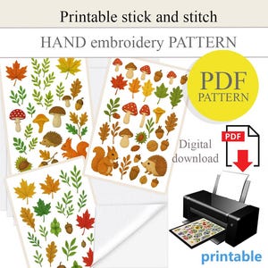 PDF, design de bordado à mão com colagem e costura, papel solúvel em água, impressão com colagem e costura, bordado com design de outono, presente artesanal faça você mesmo