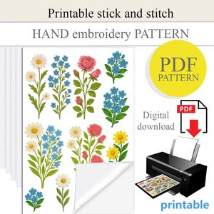 PDF Stick and stitch hand embroidery design, water soluble paper, Printable stick and stitch, floral design embroidery, DIY handmade gift