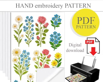 PDF Stick und Stitch Handstickerei, wasserlösliches Papier, Printable Stick und Stitch, Blumenmuster Stickerei, DIY handgemachtes Geschenk