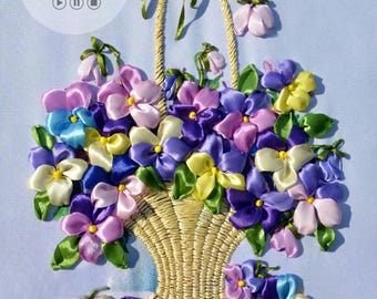 Ribbon embroidery kit, Set for beginners, Easy Ribbon, Embroidery scheme, Embroidery with ribbons, Set for creativity violets