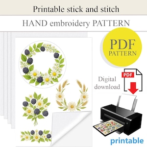 PDF Stick and stitch hand embroidery design, water soluble paper, Printable stick and stitch, floral design embroidery, DIY handmade gift