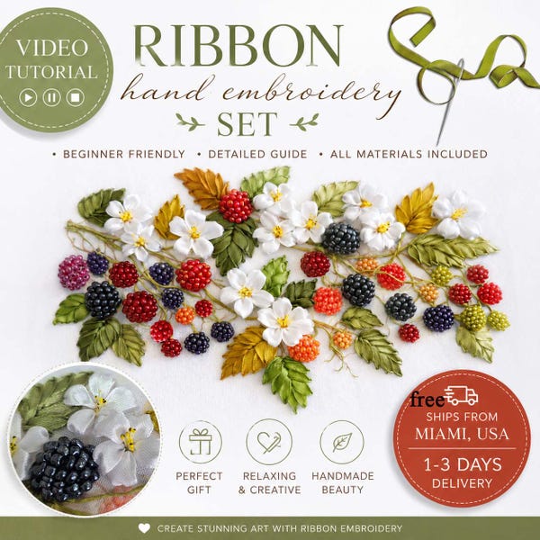 Kit de bordado con cinta, Set para principiantes, Esquema de bordado con cinta, Bordado de mora, Envío rápido y gratuito desde EE. UU.