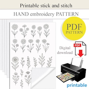PDF Stick and stitch hand embroidery design, water soluble paper, Printable stick and stitch, floral design embroidery, DIY handmade gift