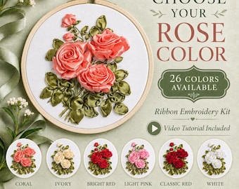 Ribbon embroidery kit, Set for beginners, Easy Ribbon, Embroidery scheme, Embroidery with ribbons, Set for creativity Rose video instruction