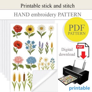 PDF Stick and stitch hand embroidery design, water soluble paper, Printable stick and stitch, floral design embroidery, DIY handmade gift
