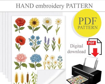 PDF Stick und Stitch Handstickerei, wasserlösliches Papier, Printable Stick und Stitch, Blumenmuster Stickerei, DIY handgemachtes Geschenk