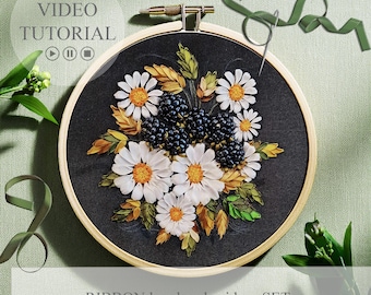 Ribbon embroidery kit, Set for beginners, Easy Ribbon Embroidery scheme for embroidery, blackberry embroidery