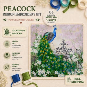 May include: A ribbon embroidery kit titled Peacock Ribbon Embroidery Kit featuring a peacock in a garden. The kit includes text, icons, and a central image of a peacock with a long tail perched on a fence surrounded by white flowers and greenery.