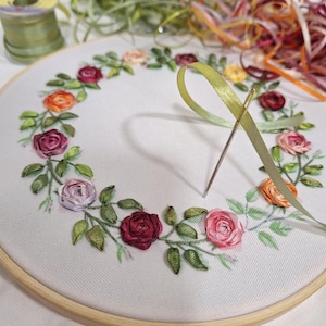 Ribbon embroidery kit, Set for beginners, Easy Ribbon Embroidery scheme for embroidery, roses embroidery with ribbons free shipping from USA