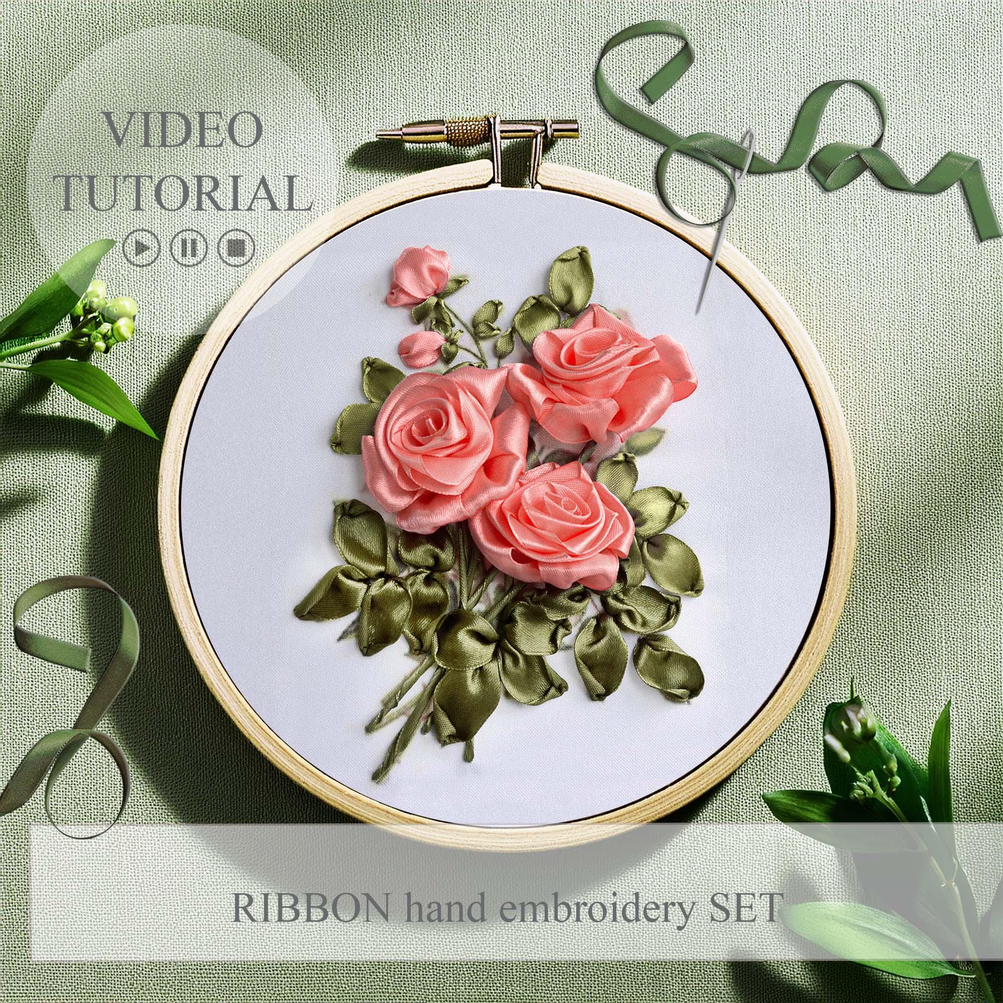 Ribbon embroidery kit, Set for beginners, Easy Ribbon, Embroidery scheme, Embroidery with ribbons, Set for creativity Rose video instruction