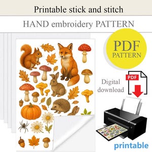 PDF, design de bordado à mão com colagem e costura, papel solúvel em água, impressão com colagem e costura, bordado com design de outono, presente artesanal faça você mesmo