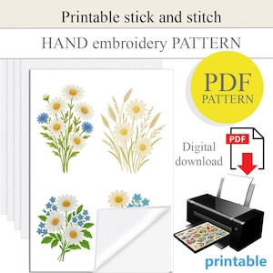PDF Stick and stitch hand embroidery design, water soluble paper, Printable stick and stitch, floral design embroidery, DIY handmade gift