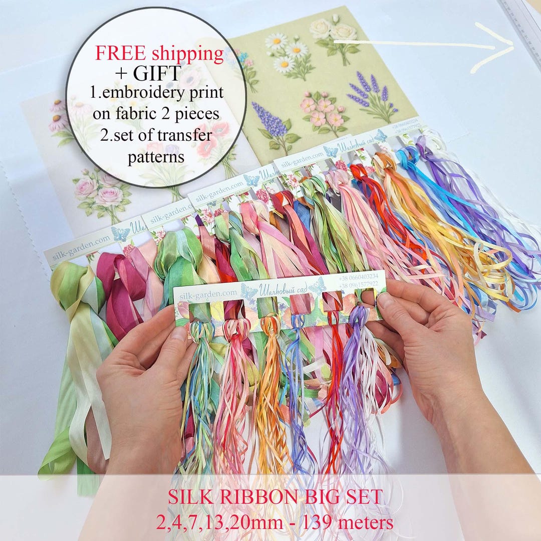 One Inch Ribbon Varigated Big SET Silk Ribbon 2,4,7,13,20mm Variegated Ribbon + White Ribbon, 100 ...