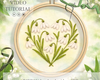Ribbon embroidery kit, Set for beginners, Easy Ribbon, Embroidery scheme, Set for creativity Snowdrops heart