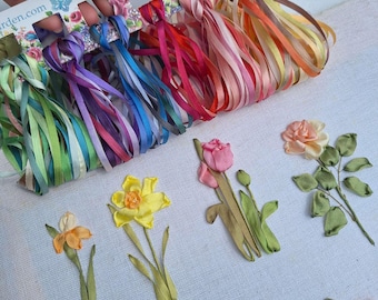 Juego de 35 metros de cinta de seda multicolor de 4 mm, 100 % seda pura, bordado con cinta, bordado a mano, 35 colores de cintas de 1 metro cada una + REGALO