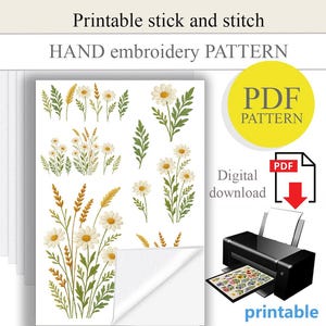 PDF Stick and stitch hand embroidery design, water soluble paper, Printable stick and stitch, floral design embroidery, DIY handmade gift