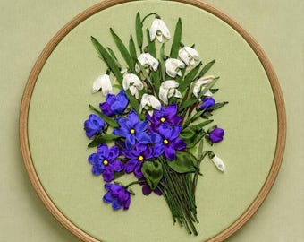 silk Ribbon embroidery kit, Set for beginners, Easy Ribbon Embroidery scheme for embroidery, snowdrops and sun grass embroidery