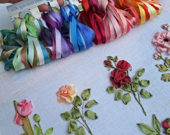 7 mm Seidenband 40 Meter bunt, 100 % reine Seide, Bandstickerei, Handstickerei, 40 Farben Bänder je 1 Meter