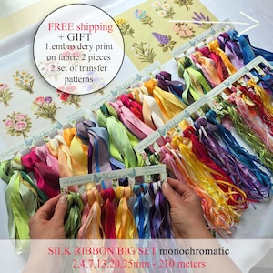 big SET Silk ribbon 2,4,7,13,20,25mm monochromatic ribbon, 100 % Pure Silk, Ribbon embroidery, 1 meters each, 215 meters