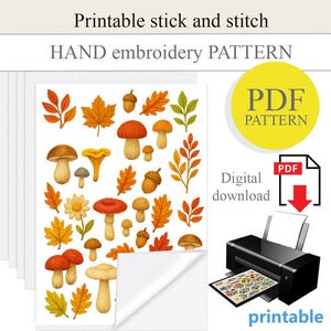 PDF, design de bordado à mão com colagem e costura, papel solúvel em água, impressão com colagem e costura, bordado com design de outono, presente artesanal faça você mesmo