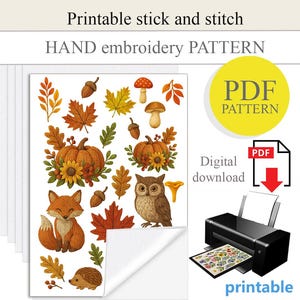 PDF, design de bordado à mão com colagem e costura, papel solúvel em água, impressão com colagem e costura, bordado com design de outono, presente artesanal faça você mesmo