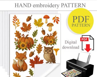 PDF Stick and stitch hand embroidery design, water soluble paper, Printable stick and stitch, autumn design embroidery, DIY handmade gift